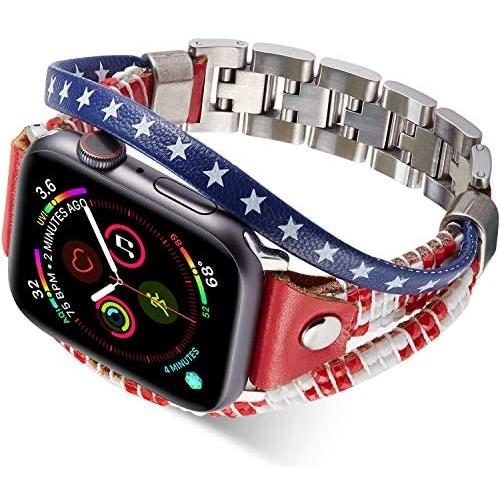 Wetheband American Flag Band Compatible for Apple Watch 42mm 44mm, Us Flag Genuine Leather Bands with Stainless Steel Metal Clasps, Replacement Handmade Strap for iWatch Series 5/4/3/2/1