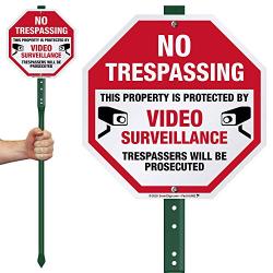 SmartSign No Trespassing Sign with Stake 3’ Tall, This Property is Protected by Video Surveillance, Trespassers Will Be Prosecuted Sign for Yard/Lawn/Outdoors | 10 Inch Octagon Aluminum Metal Sign