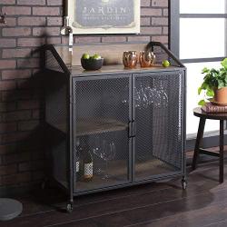 Walker Edison Malcomb Urban Industrial Metal Mesh Double Door Rolling Bar Cabinet, 33 Inch, Reclaimed Barnwood