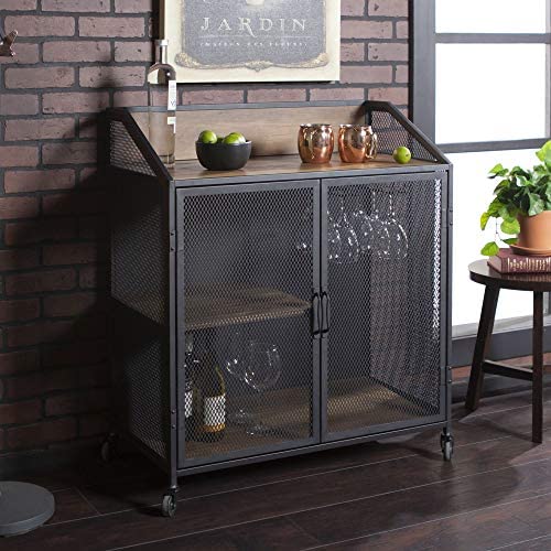 Walker Edison Malcomb Urban Industrial Metal Mesh Double Door Rolling Bar Cabinet, 33 Inch, Reclaimed Barnwood