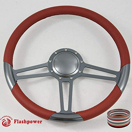 15.5'' Gun Metal Billet Steering Wheel Full Wrap with Horn Button-Burgundy