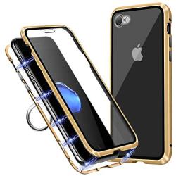 TiiParPar Magnetic iPhone 8 Case iPhone 7 Adsorption Case Front& Back Tempered Glass Full Coverage iPhone 7/8 [Magnetic Adsorption] [Multifunctional Ring Holder] (Gold Frame + Clear Back)