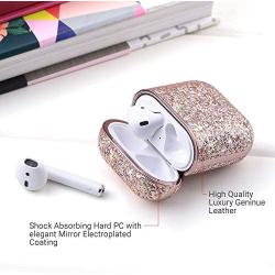 ULAK Glitter Designed Compatible with AirPods Case, Luxury Bling Leather with Mirror Surface Plating Hard Cover,Shockproof Protective Cover with Keychain for AirPod 2 & 1(LED Visible)(Pink Glitter)