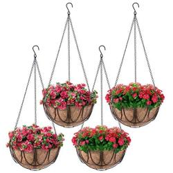 MICGEEK 4 Pack Metal Hanging Planter Basket with Coco Liner, 10 inches Metal Hanging Basket for Flower, Coco Liners for Plants, Hanging Basket for Plants, Garden, Outdoor, Indoorr -HB02 (10 in)