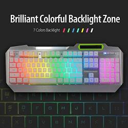 RGB LED Backlit Gaming Keyboard with Anti-ghosting, Light up Keys Multimedia Control, USB Wired Waterproof Metal Keyboard for PC Games Office (Silver&White)