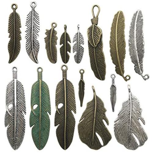 100g Feather Charms Collection - Antique Silver Bronze Patina Big Goose Bird Plume Plumage Pinion Wing Feather Metal Pendants for Jewelry Making DIY Findings (HM17)