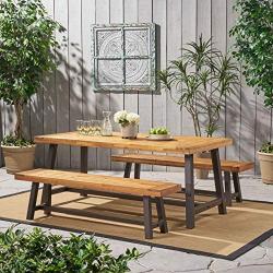 Christopher Knight Home 298403 Bowman Wood Outdoor Picnic Table Set | Perfect for Dining, Brown + Black Rustic Metal