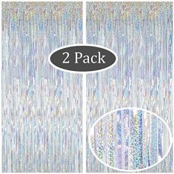 Moohome 2 Pack 3.28 ft x 9.84 ft Metallic Sparkle Silver Fringe Curtains Tinsel Foil Curtains for Party Backdrop Photo Booth Backdrop Door Window Streamer Curtain Party Wedding Background Decor