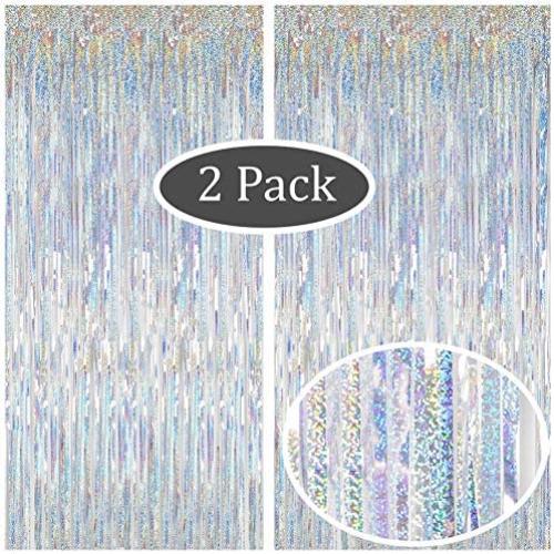 Moohome 2 Pack 3.28 ft x 9.84 ft Metallic Sparkle Silver Fringe Curtains Tinsel Foil Curtains for Party Backdrop Photo Booth Backdrop Door Window Streamer Curtain Party Wedding Background Decor