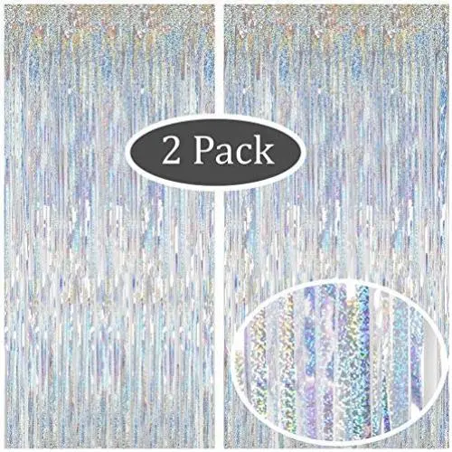 Moohome 2 Pack 3.28 ft x 9.84 ft Metallic Sparkle Silver Fringe Curtains Tinsel Foil Curtains for Party Backdrop Photo Booth Backdrop Door Window Streamer Curtain Party Wedding Background Decor