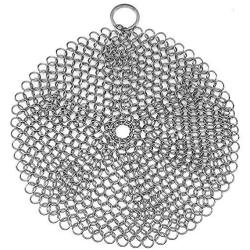 Stainless Steel Cast Iron Skillet Cleaner Chainmail Cleaning Scrubber With Hanging Ring for Cast Iron Pan, Pre-Seasoned Pan, Griddle Pans, BBQ Grills, and More Pot Cookware-Round 7 Inch Diameter