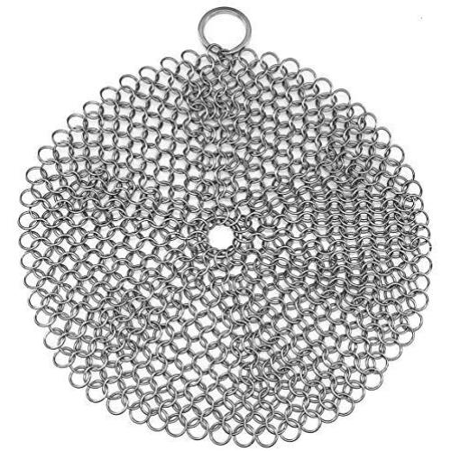 Stainless Steel Cast Iron Skillet Cleaner Chainmail Cleaning Scrubber With Hanging Ring for Cast Iron Pan, Pre-Seasoned Pan, Griddle Pans, BBQ Grills, and More Pot Cookware-Round 7 Inch Diameter