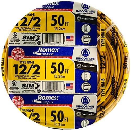 Southwire 28828222 50 12/2 with ground Romex brand SIMpull residential indoor electrical wire type NM-B, Yellow