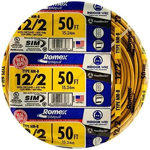 Southwire 28828222 50 12/2 with ground Romex brand SIMpull residential indoor electrical wire type NM-B, Yellow