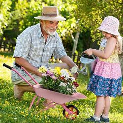 Hortem 5PCS Kids Wheelbarrow Set, Metal Construction Kids Wheel Barrel and Kids Garden Tools,Kids Gardening Glove, Gifts for Children (Pink)