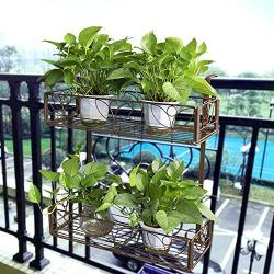 AmnoAmno 2-Tier Balcony Hanging Flower Rack Railing Planter Pots for Outside, Deck Box Outdoor Hanger Stand with Strong Metal Folding Design Easy Installation (Bronze)