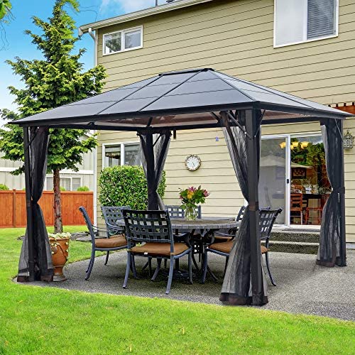 AsterOutdoor 10x12 Outdoor Hardtop Gazebo for Patios Metal Aluminum Frame Polycarbonate Top Canopy with Mosquito Netting for Lawn, Backyard and Deck 99% UV Rays Block, Black