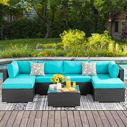 Walsunny 7pcs Patio Outdoor Furniture Sets,Low Back All-Weather Rattan Sectional Sofa with Tea Table&Washable Couch Cushions&Ottoman (Black Rattan)(Blue)