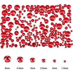 TecUnite 2000 Pieces Flat Back Gems Round Crystal Rhinestones 6 Sizes (1.5-6 mm) with Pick Up Tweezer and Rhinestones Picking Pen for Crafts Nail Face Art Clothes Shoes Bags DIY (Red)