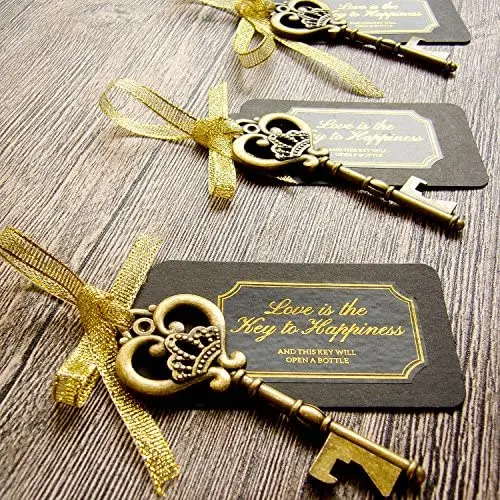 52 Heavy-Duty Metal Large Skeleton Key Bottle Opener Wedding Favor with Tag (Chalkboard Look-alike), FREE Gold Ribbon and Stickers, Vintage Bridal Shower Favors Bottle Opener for Guests (Antique Gold)
