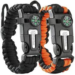 Atomic Bear Paracord Bracelet (2 Pack) - Adjustable - Fire Starter - Loud Whistle - Perfect for Hiking, Camping, Fishing and Hunting - Black & Black+Orange