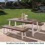 Cassie Outdoor Modern Industrial 3 Piece Acacia Wood Picnic Dining Set with Benches, Sandblasted Dark Brown and White Rustic Metal