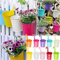 Flower Pots,10 Pcs Metal Iron Hanging Flower Plant Pots Balcony Garden Plant Planter Baskets Fence Bucket Pots 3.94 Flower Holders with Detachable Hook