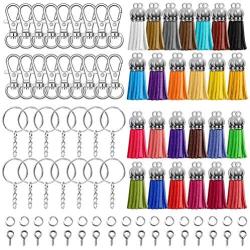 Keychain Tassles, Cridoz 300pcs Bulk Keychains Ring Set Includes 50pcs Tassels for Crafts, 50pcs Keychain Clips, 50pcs Key Chain Rings, 100pcs Jump Ring and 50pcs Screw Eye Pins for Acrylic Blank Keyc