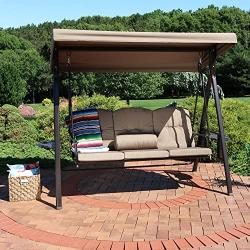 Sunnydaze 3-Person Outdoor Patio Swing Bench with Adjustable Tilt Canopy, Durable Steel Metal Frame, Cushions and Pillow Included, Beige