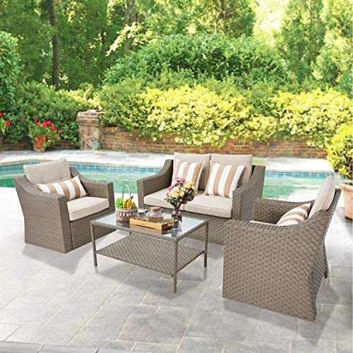 SOLAURA Outdoor Patio Furniture Set 4-Piece Conversation Set All Weather Wicker Furniture Sofa Set with Sophisticated Glass Coffee Table-Gray