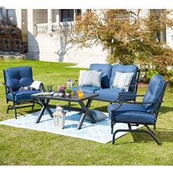 Patio Festival 4 Pices Patio Furniture Conversation Set,Metal Outdoor Furniture Set w/All Weather Cushioned Loveseat,Poolside Lawn Chairs,Coffee Table