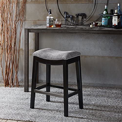 Madison Park Belfast Bar Stools, Contour Fabric Padded Seat, Nail Head Trim, Modern Kitchen Counter Chair, Solid Hardwood, Metal Kickplate Footrest, Dining Room Accent Furniture, Grey