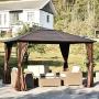 Outsunny 12’ x 10’ Steel Hardtop Canopy Patio Gazebo with Fully Enclosed Zippered Curtains & Comfortable Interior, Brown