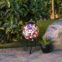 Alpine Corporation Outdoor Solar Powered Pink Glass Mosaic Gazing Globe with LED Lights and Metal Stand, Violet