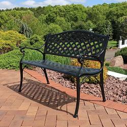 Sunnydaze Outdoor Patio Bench - Black Checkered Design - Durable Cast Aluminum Metal - 2-Person Seating - Outdoor Garden Bench - Patio Decor Seating - Front Porch Furniture - Entryway Bench