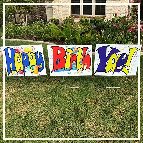 Happy Birthday BirthYay! Yard Sign - Large Colorful Bright Letters - Weatherproof Coroplast - 3 Sturdy Metal Stakes Happy Birthday BirthYay! Yard Sign - Large Colorful Bright Letters - Weatherproof Coroplast - 3 Sturdy Metal Stakes