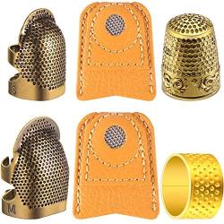 6 Pieces Copper Sewing Thimble Adjustable Sewing Thimble Rings Cap Artificial Leather Coin Finger Protectors Metal Shield for Sewing Embroidery Knitting Quilting