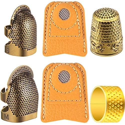 6 Pieces Copper Sewing Thimble Adjustable Sewing Thimble Rings Cap Artificial Leather Coin Finger Protectors Metal Shield for Sewing Embroidery Knitting Quilting