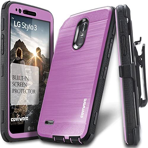 COVRWARE Iron Tank case Compatible with LG Stylo 3 / Stylo 3 Plus Built-in Screen Protector Heavy Duty Full-Body Rugged Holster Armor Cover Brushed Metal Texture Design Belt Clip Kickstand, Purple