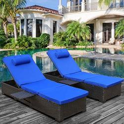 Outdoor PE Wicker Chaise Lounge - 2 Piece Patio Black Rattan Reclining Chair Furniture Set Beach Pool Adjustable Backrest Recliners with Royal Blue Cushions