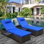 Outdoor PE Wicker Chaise Lounge - 2 Piece Patio Black Rattan Reclining Chair Furniture Set Beach Pool Adjustable Backrest Recliners with Royal Blue Cushions