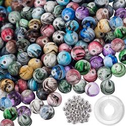 Quefe 500pcs Acrylic Beads for Jewelry Making Loose Beads in Ink Patterns with 50pcs Spacer Beads and Crystal String for Bracelets Making (8mm)