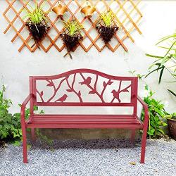 PHI VILLA Outdoor Garden Bench, 50”L Steel Patio Bench for Yard, Lawn, Balcony, Porch, Red Bird Modern Bench with Backrest and Armrest