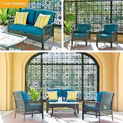 ovios 4 PCs Patio Furniture Sets All Weather Water-Resistant and UV Resistant Rattan Wicker Deep Seating Outdoor Sofa Conversation Set with Cushions,Table (Gray Wicker + Blue Cushion)