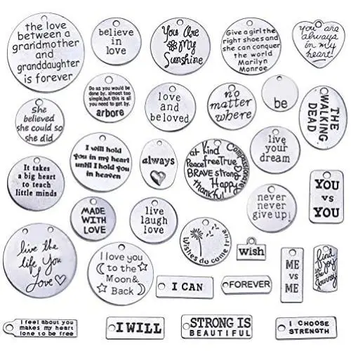 Jdesun 31 Pieces Inspiration Words Charms, Mixed Inspirational Message Charm Pendants for Crafting Necklace Bracelet Jdesun 31 Pieces Inspiration Words Charms, Mixed Inspirational Message Charm Pendants for Crafting Necklace Bracelet
