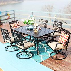 PHI VILLA Outdoor Patio Dining Set of 7 Metal Furniture Set, 6 Swivel Chairs with 1 Rectangular Umbrella Table for Patio Lawn Garden, Classic Black