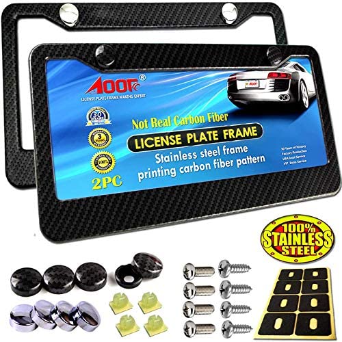 Aootf License Plate Frame Carbon Fiber - 2Pc Black Stainless Steel Plate Frames Printed Carbon Pattern with Stainless Steel Plate Screws and Black Carbon & Chrome Caps