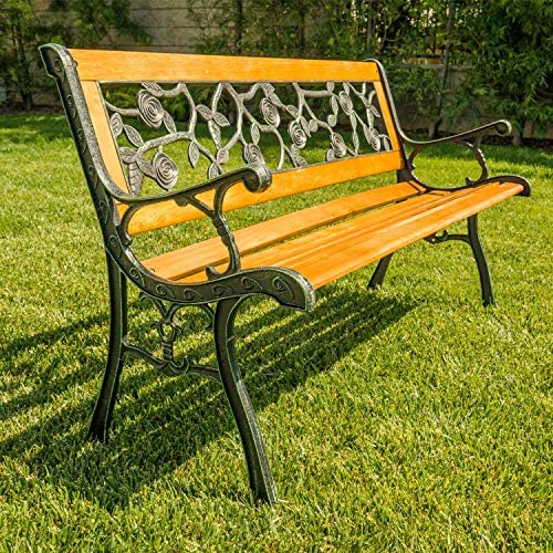 Garden Bench Park Bench Outdoor Bench for Outdoors 50'' Metal Porch Chair Cast Iron Hardwood Furniture, 480LBS Weight Capacity, for Park Yard Patio Deck Lawn