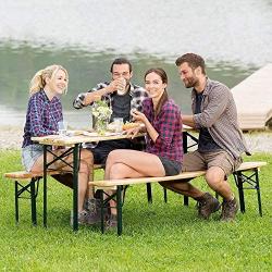 HOMGX 3-Piece Picnic Table, 70’’ Folding Picnic Table with Benches, Outdoor Portable Wooden Picnic Table, Picnic Beer Table Set with Stable Metal Frame, Camping Picnic Table for Garden, Patio