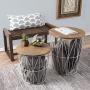 Lavish Home Convertible Round Metal Basket Veneer Wood Top Accent Side Home and Office Nesting End Tables with Storage- (Set of 2), White